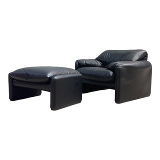 Maralunga Leather Lounge Chair W/Ottoman by Vico Magistretti for Cassina, Italy For Sale