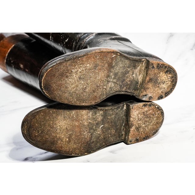 Stately Antique English Black Leather Horse Riding Boots With Wood Trees Equestrian Country Home Decor For Sale - Image 11 of 12