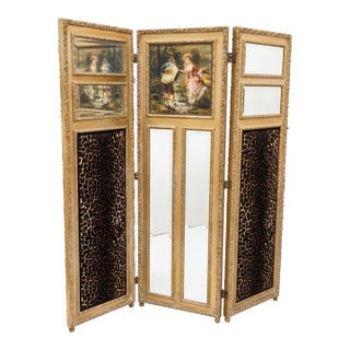 Vintage French Louis XV Style Leopard Print Three-Panel Screen in Gold Leaf Room Divider For Sale