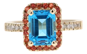 3.41 Carat Blue Topaz Sapphire Diamond Yellow Gold Engagement Ring