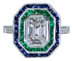 18k (750) Illusion Emerald Shape Natural Round VVS Diamond Sapphire Emerald Ring, Size 7