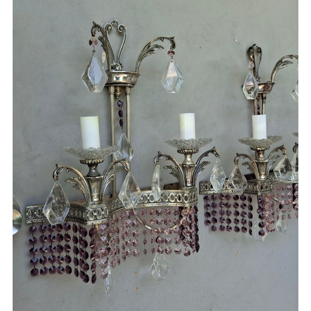 1940's Hollywood Regency Silvered Metal With Amethyst & Pink Cut Austrian Crystal Waterfall Wall Sconces a - Pair For Sale - Image 9 of 18