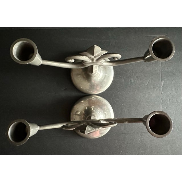 Gray Vintage 1930s Pewter Scandinavian Grace Style Art Deco Candelabra Pair of 2 For Sale - Image 8 of 12