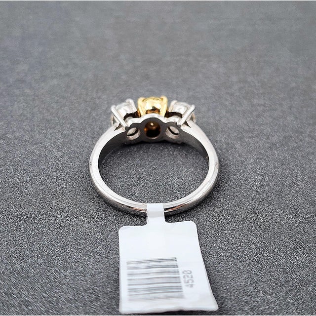 2.21 Ct Gia Certified Three-Stone Oval Yellow & White Diamond Ring Size 6.5 For Sale In Chicago - Image 6 of 10