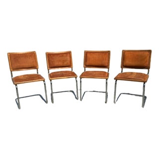Set of 4 Vintage 1970s Oak, Chrome & Cognac Suede Cantilever Dining Chairs For Sale