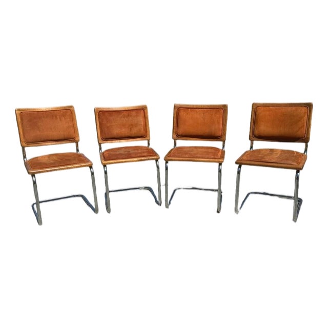 Set of 4 Vintage 1970s Oak, Chrome & Cognac Suede Cantilever Dining Chairs For Sale