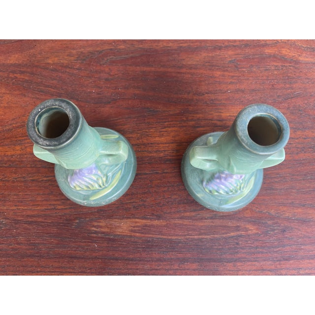 Roseville Pottery 1920s Roseville Freesia Green Candlesticks 1161-4.5 - Pair For Sale - Image 4 of 5