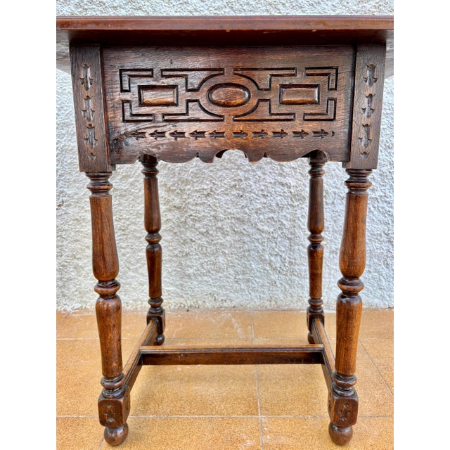 Antique Castilian Oak Side Table With One Carved Drawer, 1920s For Sale - Image 11 of 15