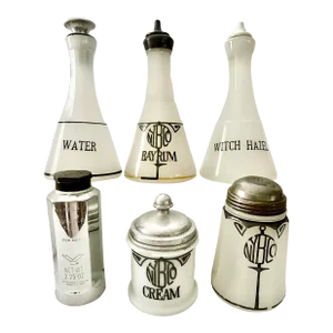 Antique Barber Apothecary Milk Glass Bottles - Set of 6