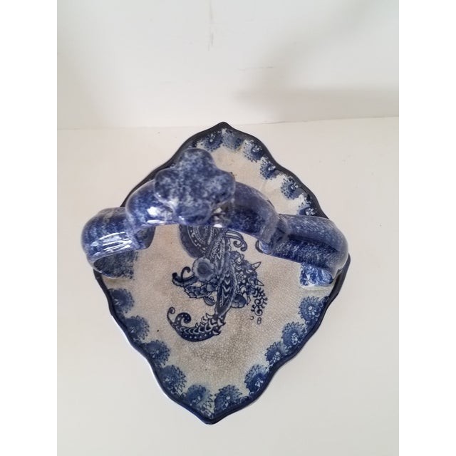 Vintage Baum Bros. Formalities Blue and White Crackled Glass Ceramic Basket For Sale - Image 4 of 7