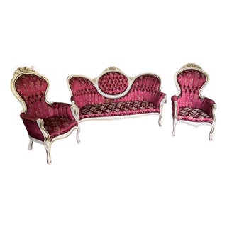 Mid 20th Century 3-Piece Victorian Rococo Revival Style Parlor Suite — Carved Cream & Gold Frames, Burgundy Brocade For Sale