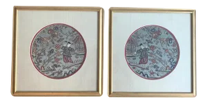 Gilt Framed Chinese Silk Embroidered Panels - a Pair
