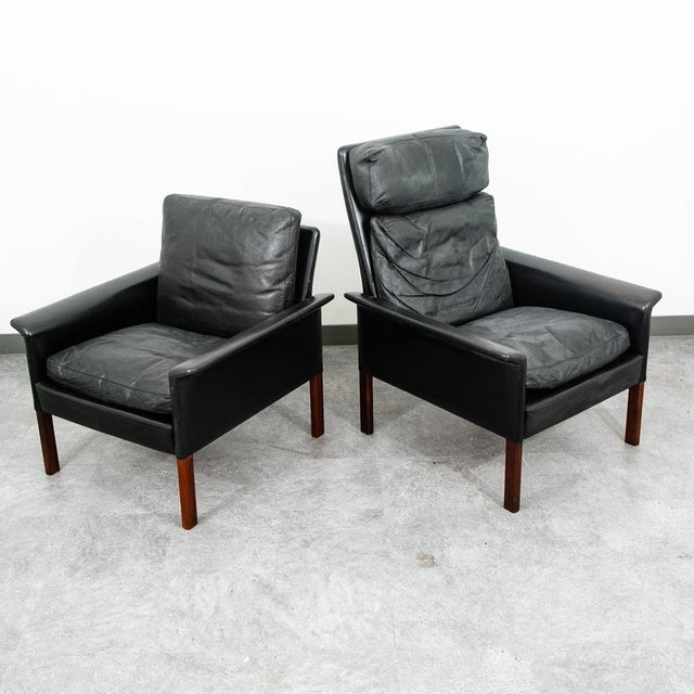 1960s Mid Century Danish Modern Lounge Chair Set Leather Attributed to Hans Olsen Black Cs Glostrup For Sale - Image 5 of 12
