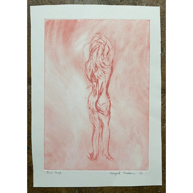 Female nude etching and aquatint in pink. Pencil signed and date 1976, notes as trial proof.