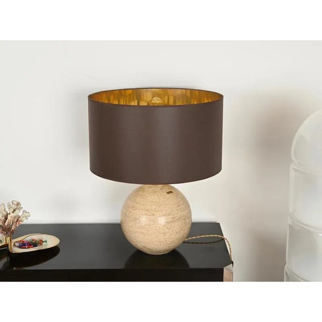 1970s Huge Spherical Travertine and Brass Table Lamp, Italy, 1973 For Sale - Image 5 of 18