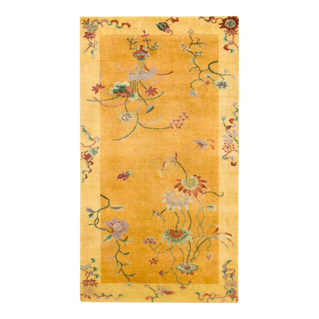 Contemporary Chinese Deco Style Gold & Coral Wool Runner by Rug & Kilim, India For Sale