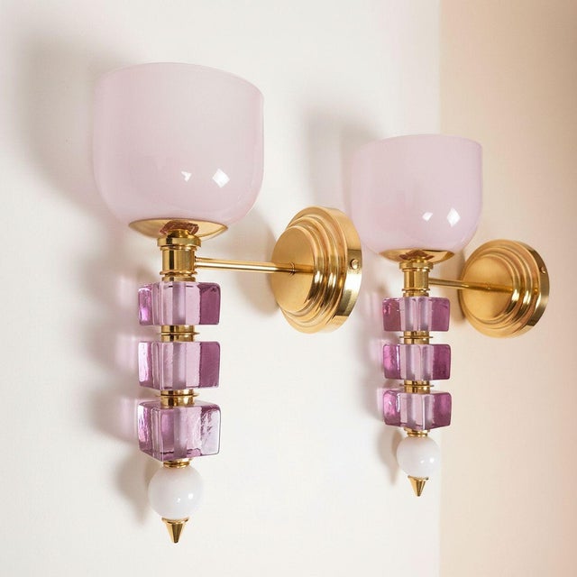 1990s Pink and Purple, Mid-Century Modern, Murano Glass Sconces - a Pair For Sale - Image 4 of 13