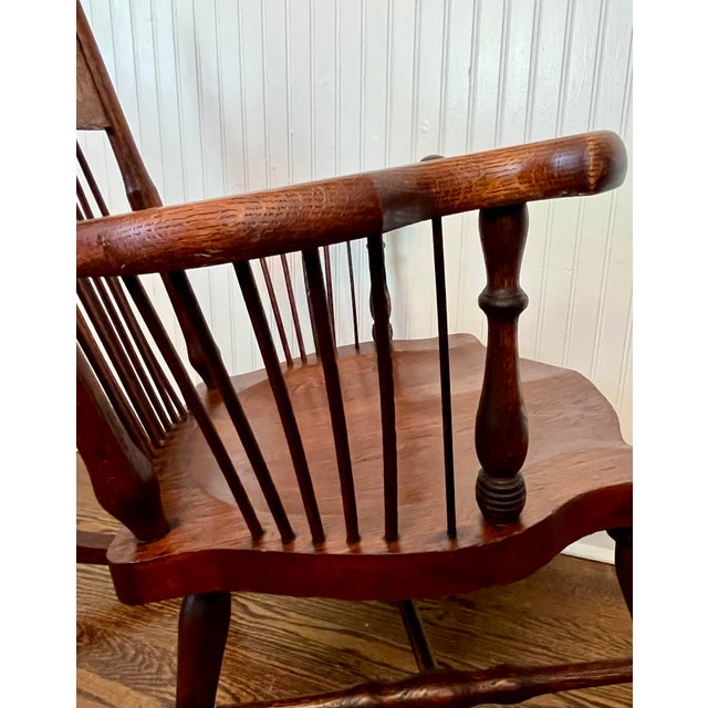 Brown Antique Turn of the Century Tiger Oak Gooseneck Spindle-Back Swan Neck Rocking Chair For Sale - Image 8 of 10