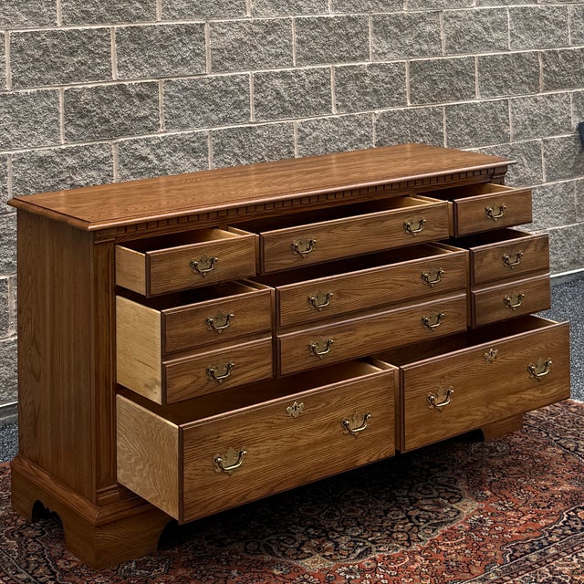 Wood Vintage Pennsylvania House Chippendale Solid Oak 8 Drawer Double Dresser For Sale - Image 7 of 18