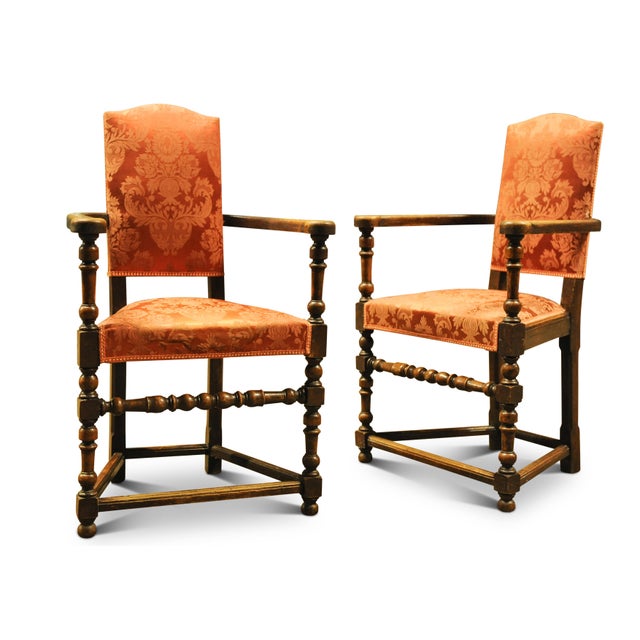 English Style Oak Turned Elbow Chairs in Red Damask, 1890s, Set of 2 For Sale - Image 9 of 9