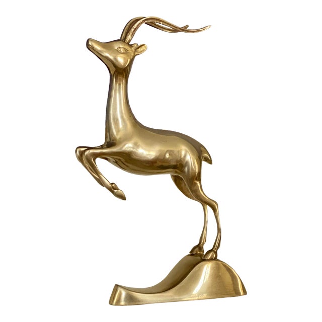 Mid Century Brass Galloping Gazelle- Vintage Brass Shelf Decor For Sale