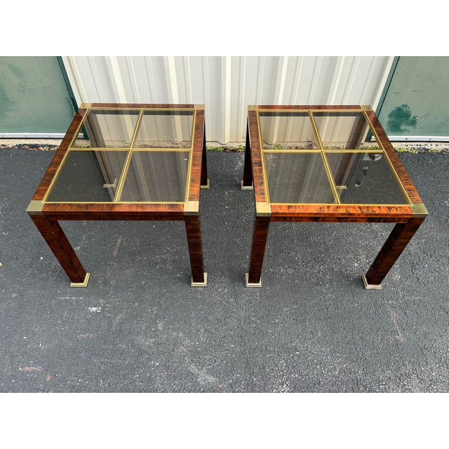 Mid-Century Modern 1970s Faux Tortoiseshell Smoked Glass and Brass Side Tables- A Pair For Sale - Image 3 of 12