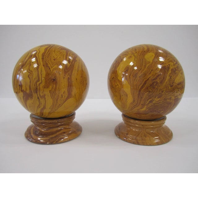 Mustard Italian Yellow Marbleized Pottery Ball Spheres on Pedestal Bases - a Pair For Sale - Image 8 of 11