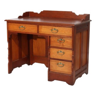 Antique Cherry Five Drawer Single Pedestal Desk C1910 For Sale