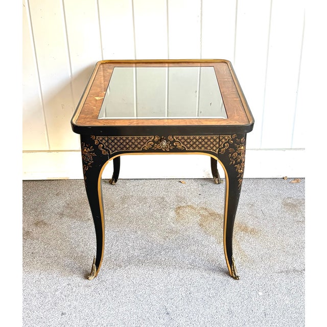 Drexel Et Cetera black asian-style glass-top side table w/ drawer and brass foot accents. Some scuffing/surface chip marks...