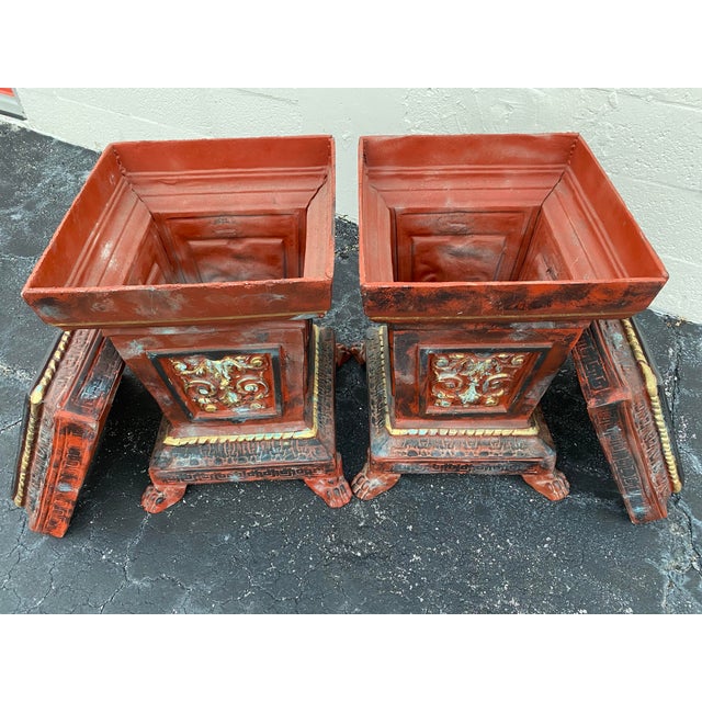 Monumental Antique French Cast Iron Garden Planters Painted With Claw Feet - A Pair For Sale - Image 11 of 12