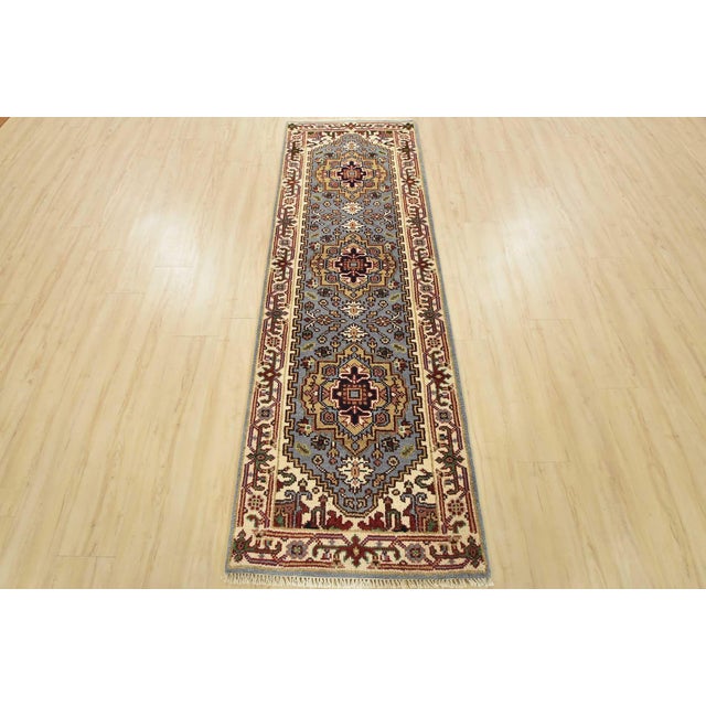 Tribal Heriz Runner 2’7” X 8’3” Blue Wool Tribal Hand-Knotted Oriental Rug For Sale - Image 3 of 12