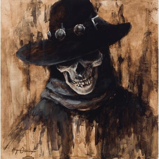To the Shade by Morgan Cameron | Oil on panel Skull wearing a hat and scarf. For Sale