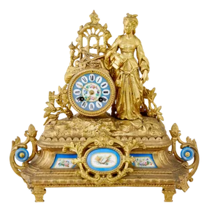 Antique French Gilt Mantle Clock with Sevres Plaques, 1890