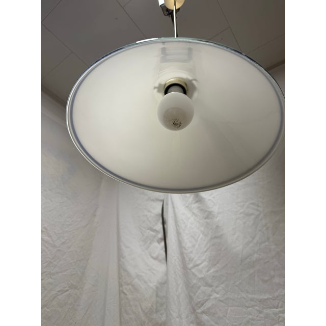Vintage Cone Shaped Milk Glass Pendant Light Fixture White With Blue Ring For Sale In New York - Image 6 of 8