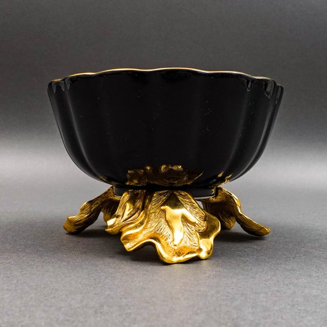 Jay Strongwater Brittany Black Porcelain 18K Gold Embellished Fluted Bowl. Measures approximately 5 1/2" diameter, 3 1/2"...