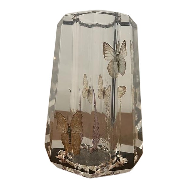 Vintage Acrylic Vase With Encased Butterflies and Decorative Botanicals For Sale