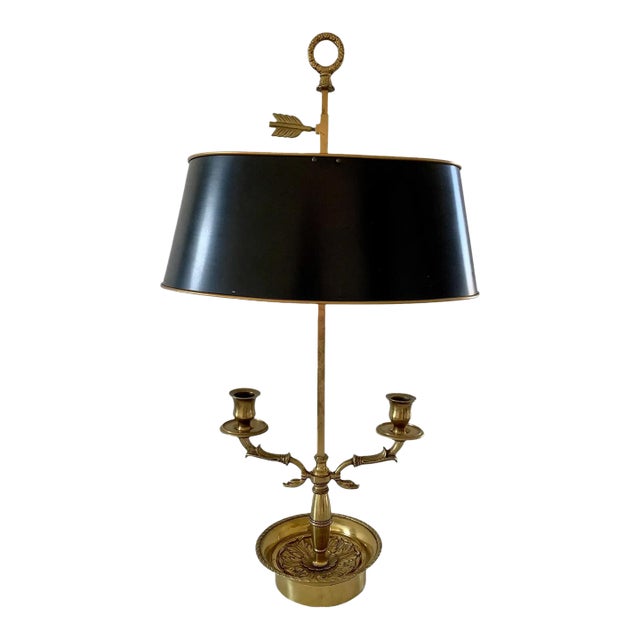 Mid 20th Century French Bouillotte Lamp With Black Tole Shade and Dolphin Motif Base For Sale