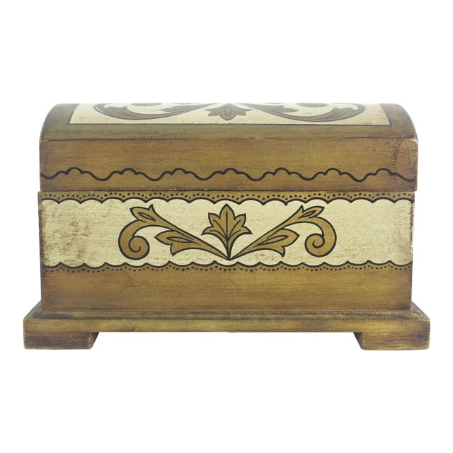 Vintage Musical Florentine Domed Wood Jewelry Box White Gold Italian Style For Sale