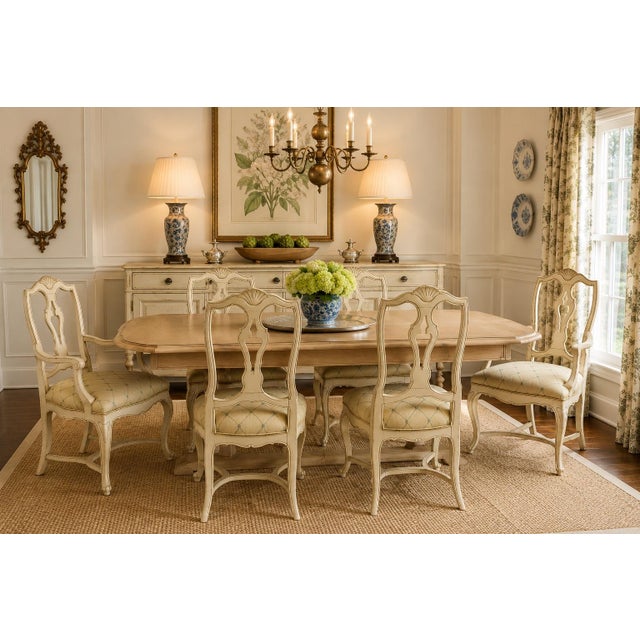 Mid-Century French Style Carved & Painted Dining Chairs Embroidered Linen - S/6 For Sale - Image 12 of 12