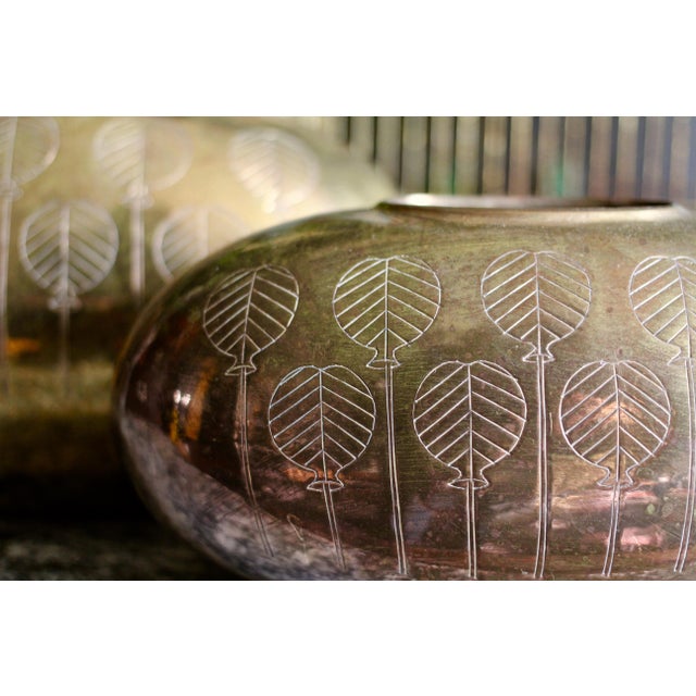 Mid-Century Modern 1970s Art Deco Brass Flower Motif Vases - a Pair For Sale - Image 3 of 8
