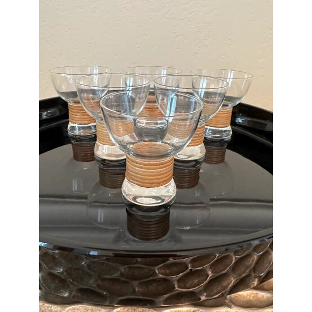 Vintage Carl Aubock Style Modernist Whiskey / Bourbon Glasses Rattan Wrapped Stems - Set of 6 For Sale - Image 11 of 12