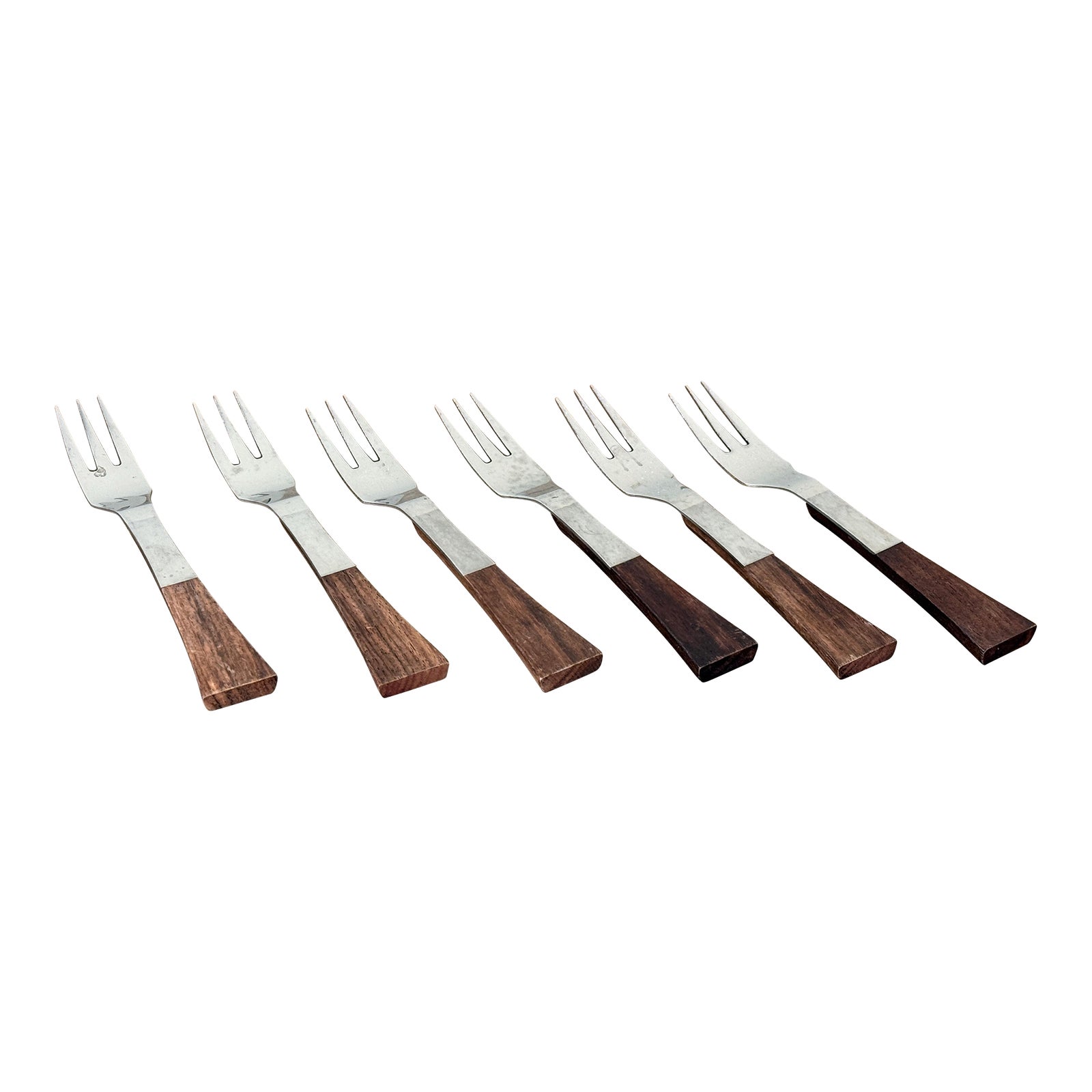 Mid Century Teak Handle Stainless Steel Forks - Set of 6