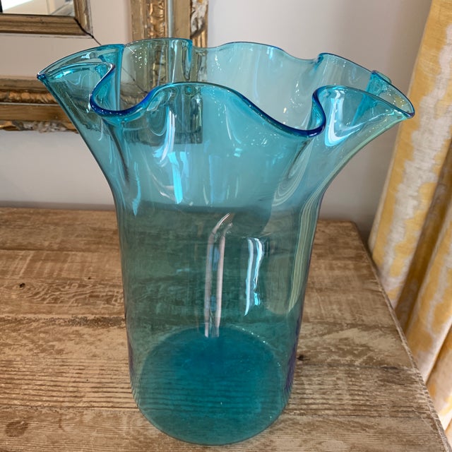 Large Blue Hand Blown Glass Handkerchief Vase Chairish