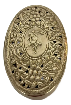 Vintage Pierced Lid Brass Trinket, Dresser, Sachet, Storage Box Adorned With Dancing Couple