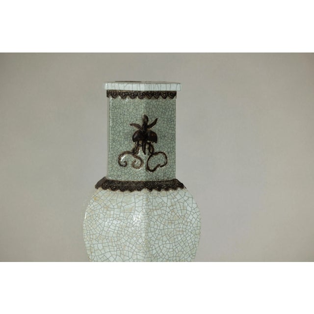 Celadon Crackle Celadon Hexagonal Vase with Greek Key and Decorative Motifs For Sale - Image 8 of 12
