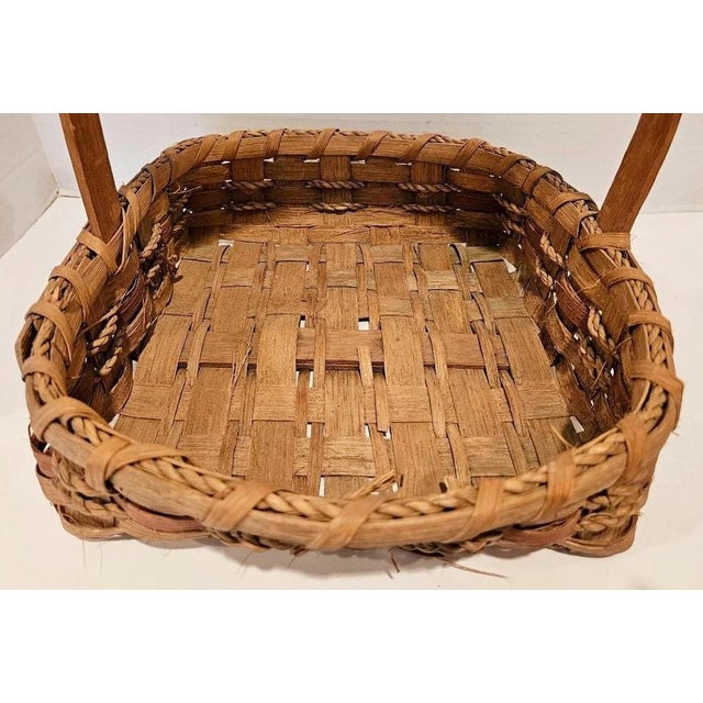 Vintage Handmade Woven Natural Wood Basket With Handle 12.25" X 10.75" For Sale - Image 9 of 9
