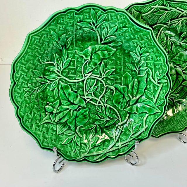 1878 Antique Victorian French l'Art Vegetal Green Majolica Clairefountaine Salad Plates - Set of 3 For Sale - Image 6 of 10
