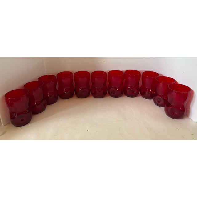 Vintage Ruby Red Art Glass Tumblers, Sculptural Mid-Century Modern Drinking Glasses, Blenko Style Dimple Pinched Set of 11 For Sale In Indianapolis - Image 6 of 9