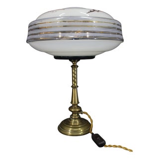 Restored Brass Table Lamp with Glass Shade, 1940s For Sale
