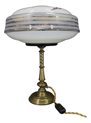 Restored Brass Table Lamp with Glass Shade, 1940s